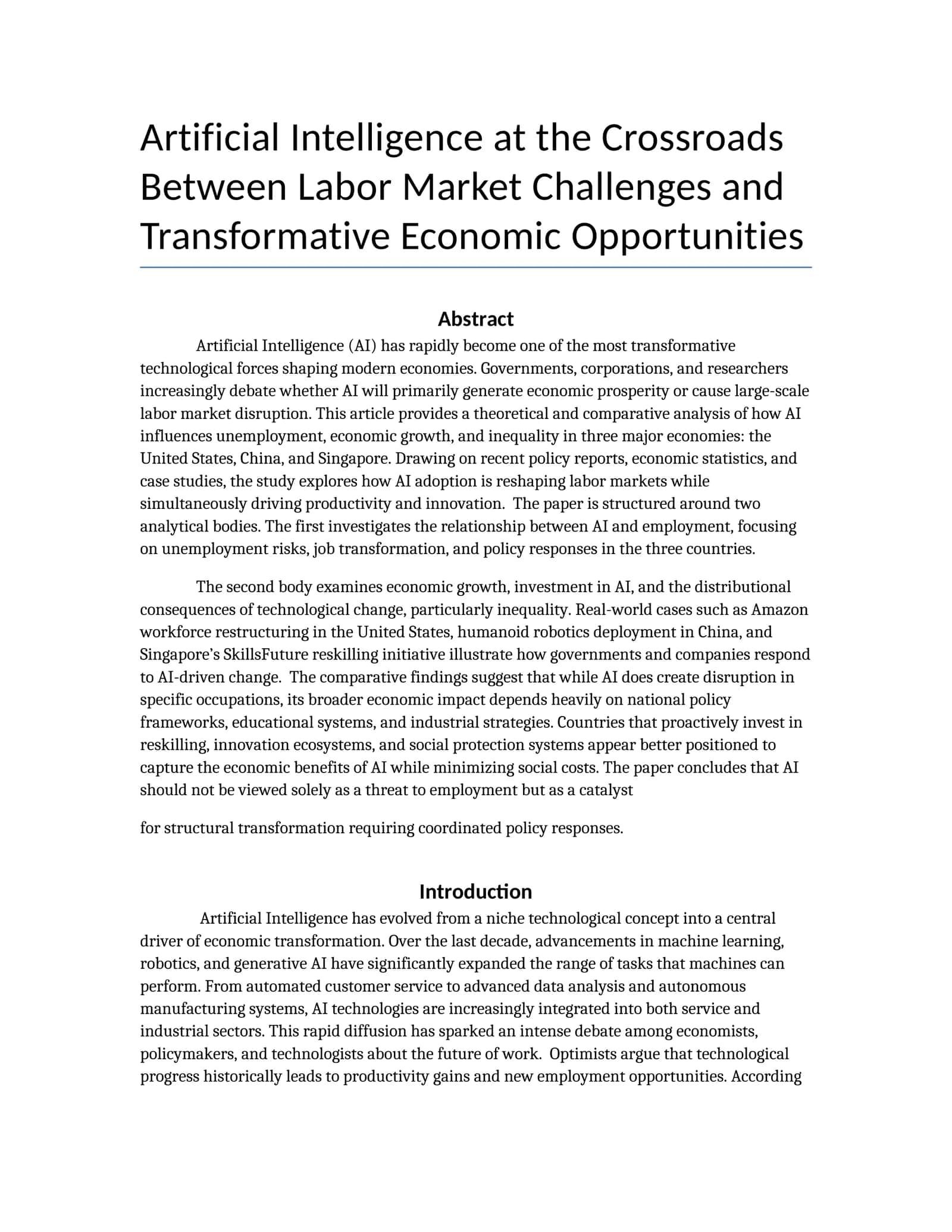 Artificial Intelligence at the Crossroads Between Labor Market Challenges and Transformative Economic Opportunities 1