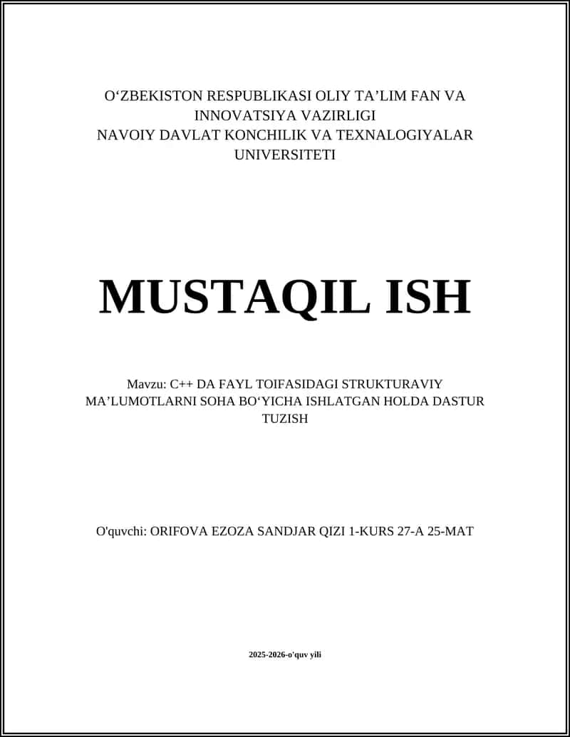 C++ DA FAYL TOIFASIDAGI STRUKTURAVIY MAʼLUMOTLARNI SOHA BOʻYICHA ISHLATGAN HOLDA DASTUR TUZISH 1
