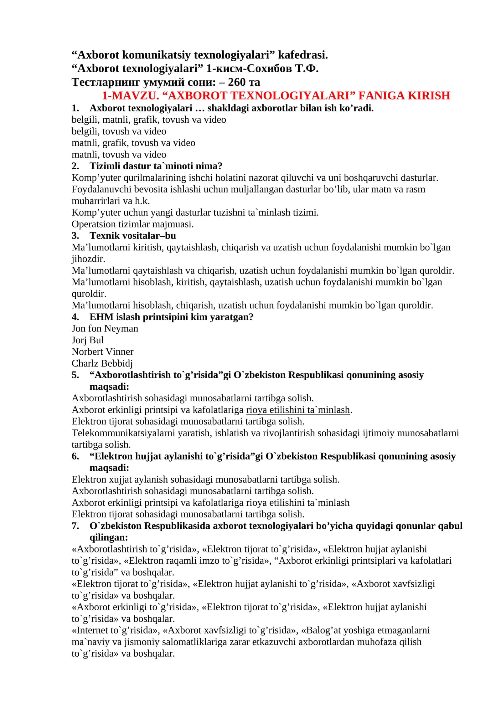 “AXBOROT TEXNOLOGIYALARI” FANIGA KIRISH 1