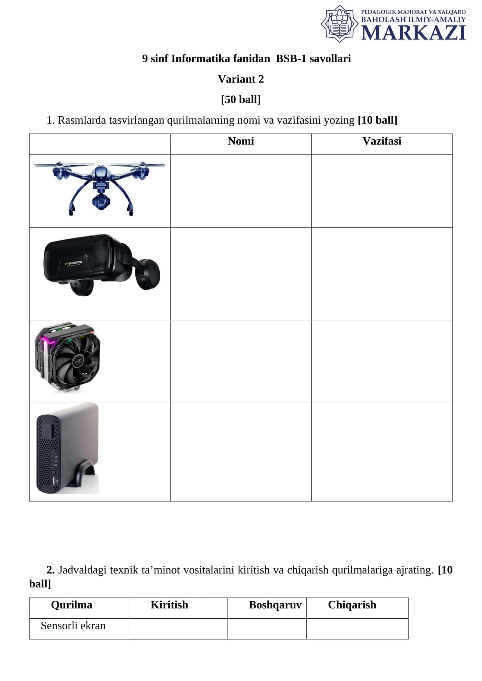 9 sinf Informatika fanidan BSB-1 savollari Variant 2 1