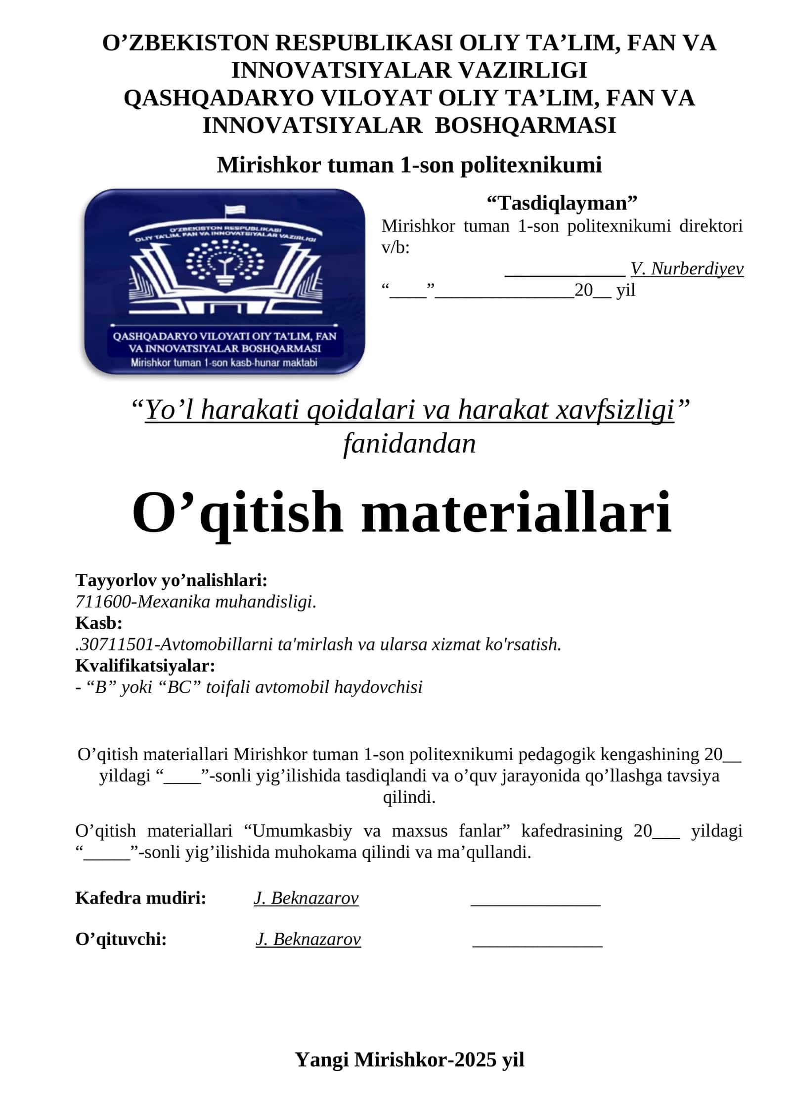 O'qitish materiallari to'plami 1