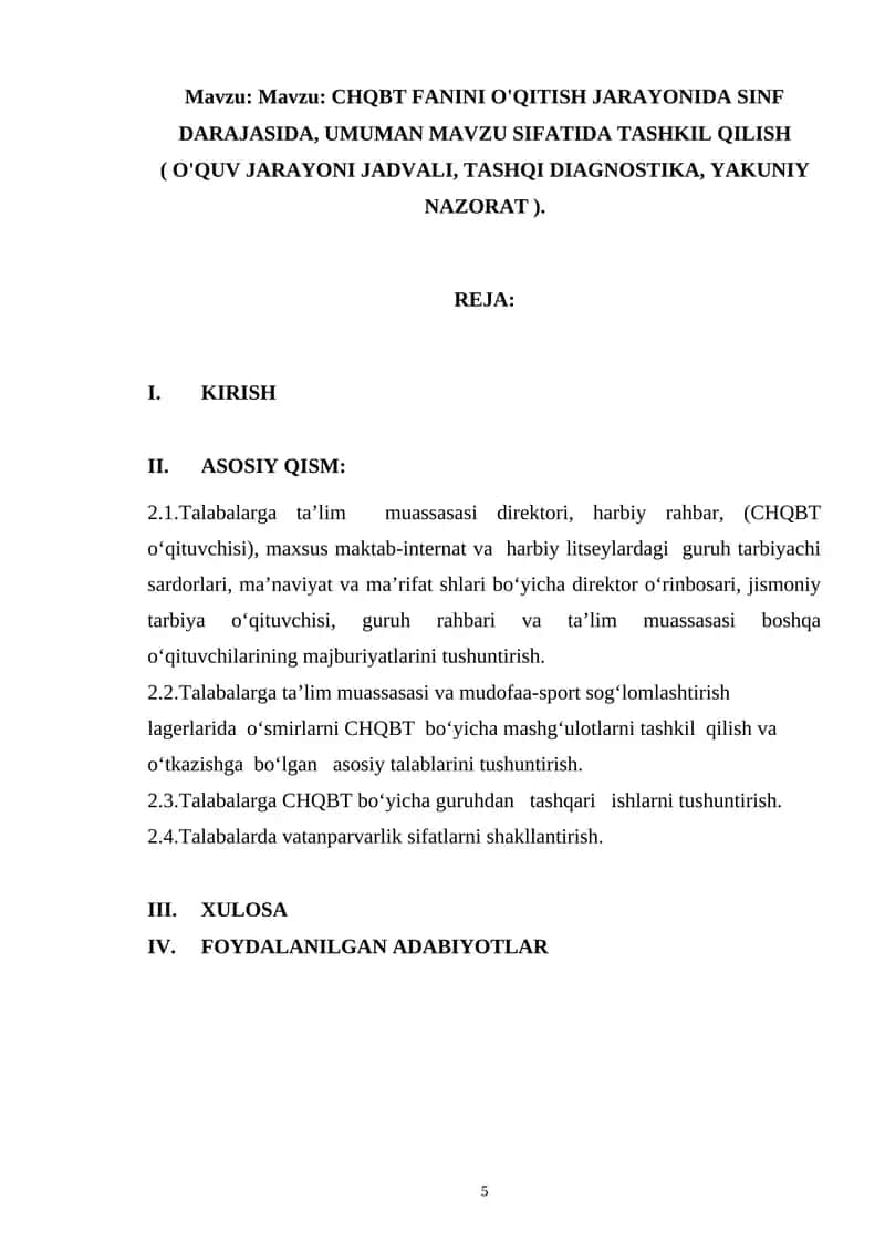 CHQBT FANINI O'QITISH JARAYONIDA SINF DARAJASIDA 1