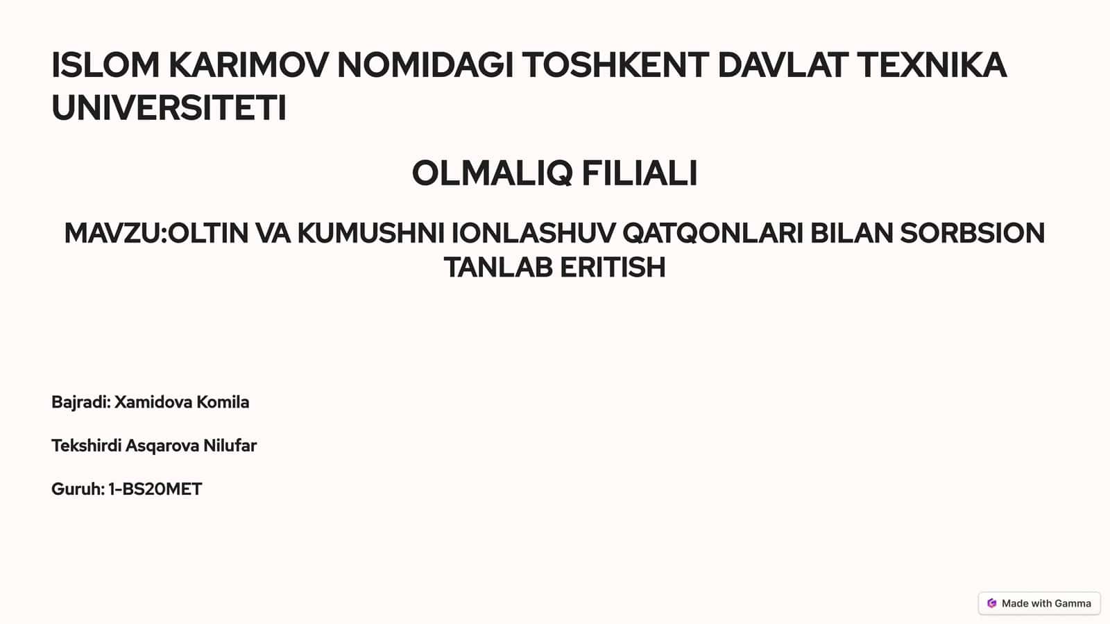 OLTIN VA KUMUSHNI IONLASHUV QATQONLARI BILAN SORBSION TANLAB ERITISH 1