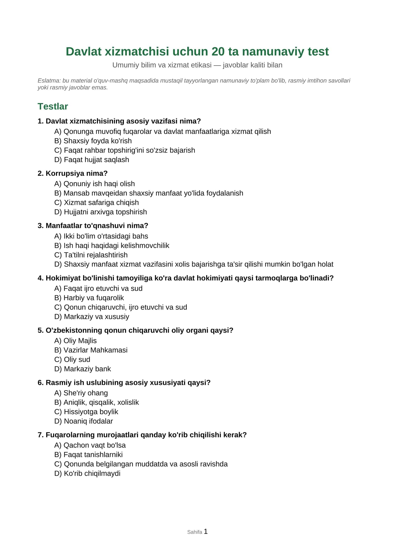 Davlat xizmatchisi uchun 20 ta namunaviy test 1