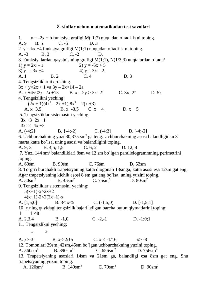 8- sinflar uchun matematikadan test savollari 1