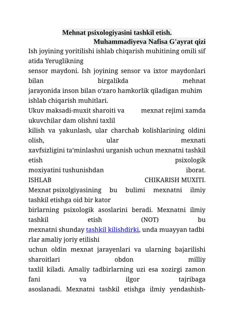Mehnat psixologiyasini tashkil etish 1