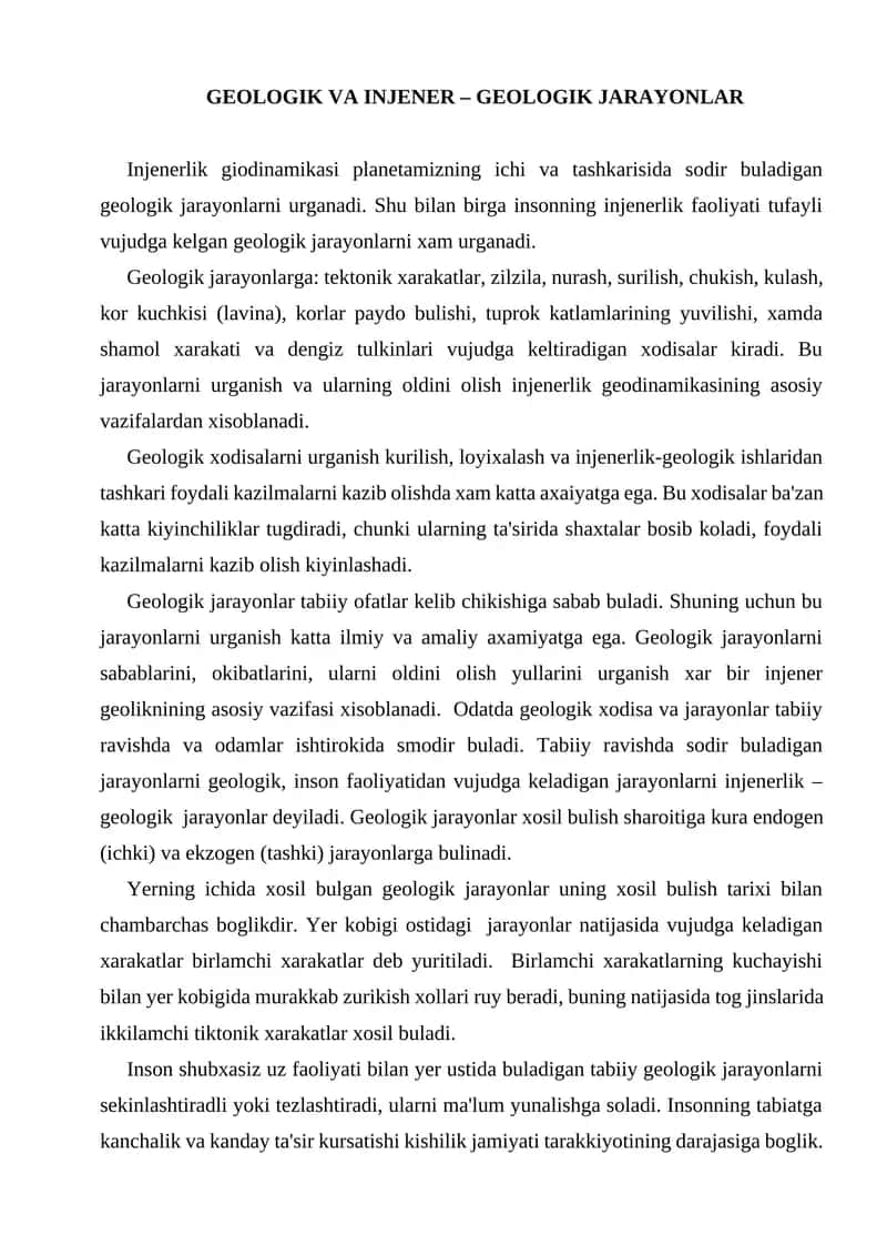 Geologik va Injener – Geologik Jarayonlar 1
