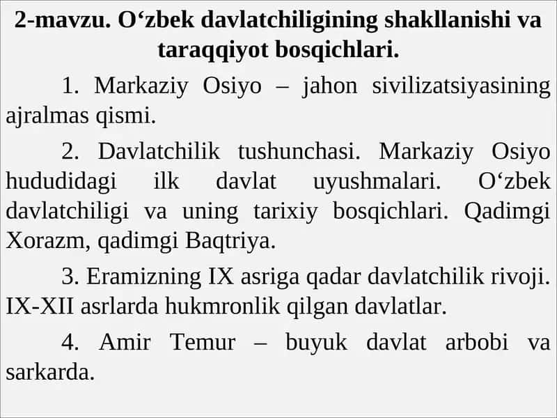 O‘zbek davlatchiligining shakllanishi va taraqqiyot bosqichlari 1