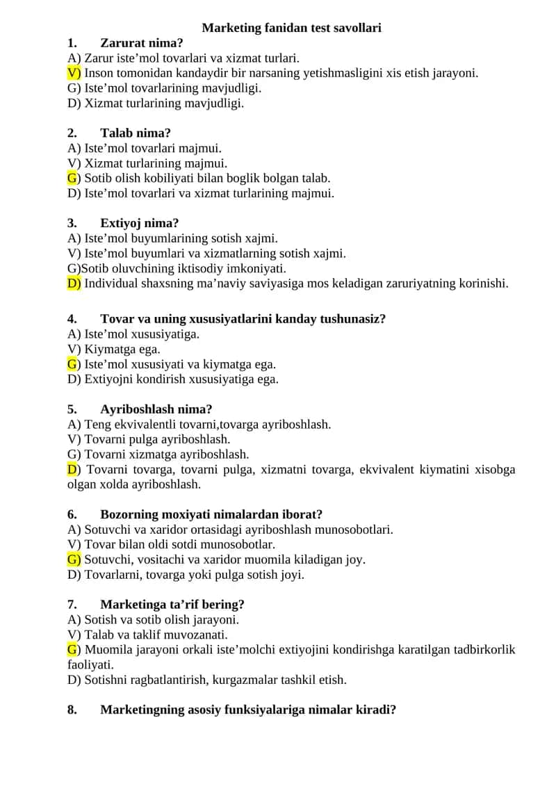 Marketing fanidan test savollari 1