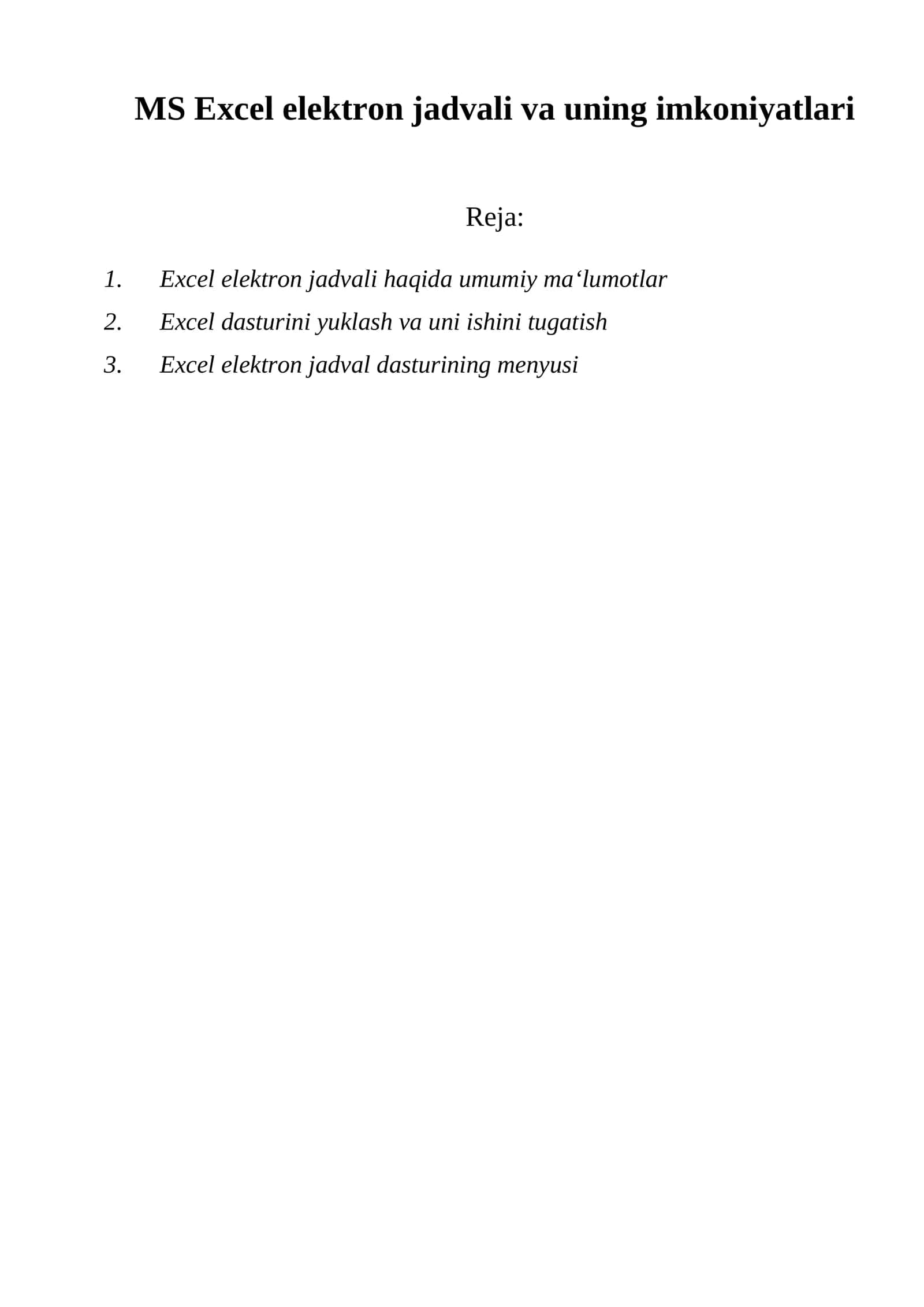 Microsoft Excel elektron jadvali va uning imkoniyatlari 1