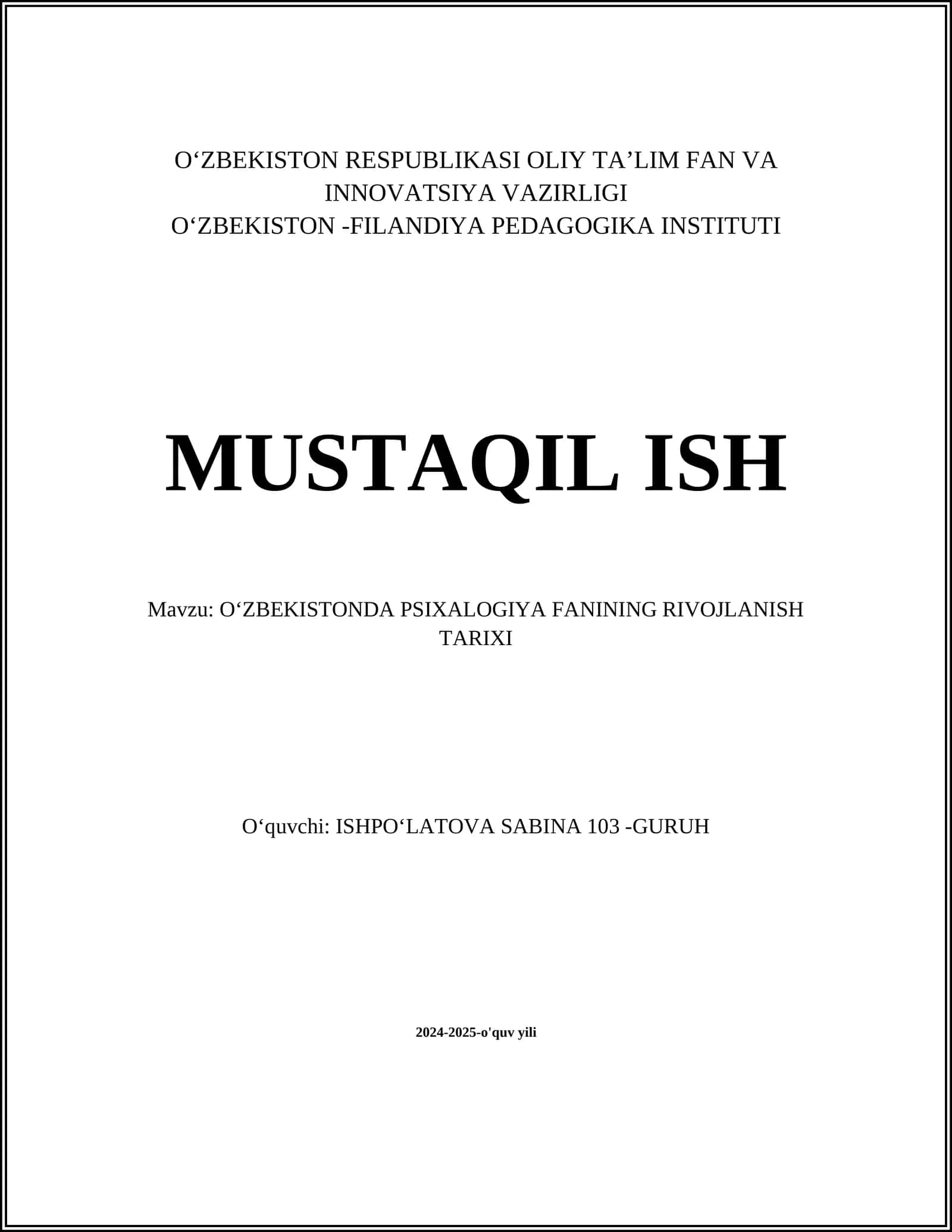 OʻZBEKISTONDA PSIXOLOGIYA FANINING RIVOJLANISH TARIXI 1