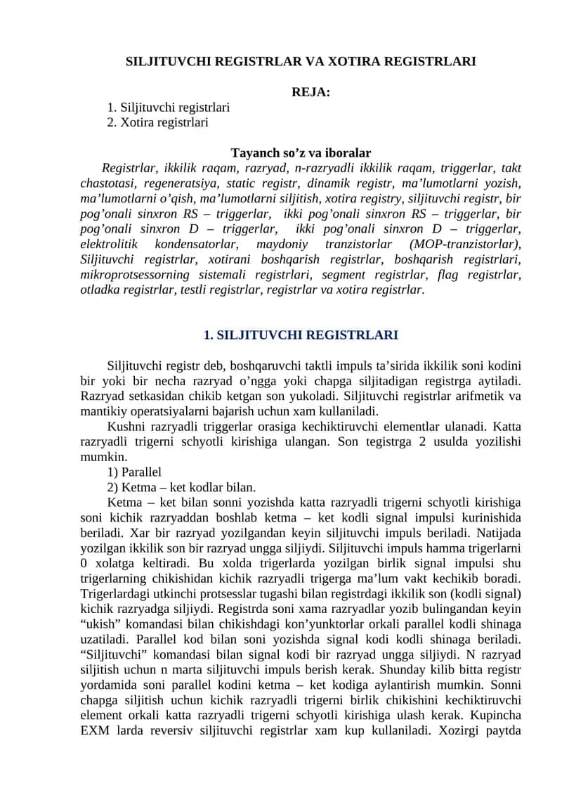 SILJITUVCHI REGISTRLAR VA XOTIRA REGISTRLARI 1