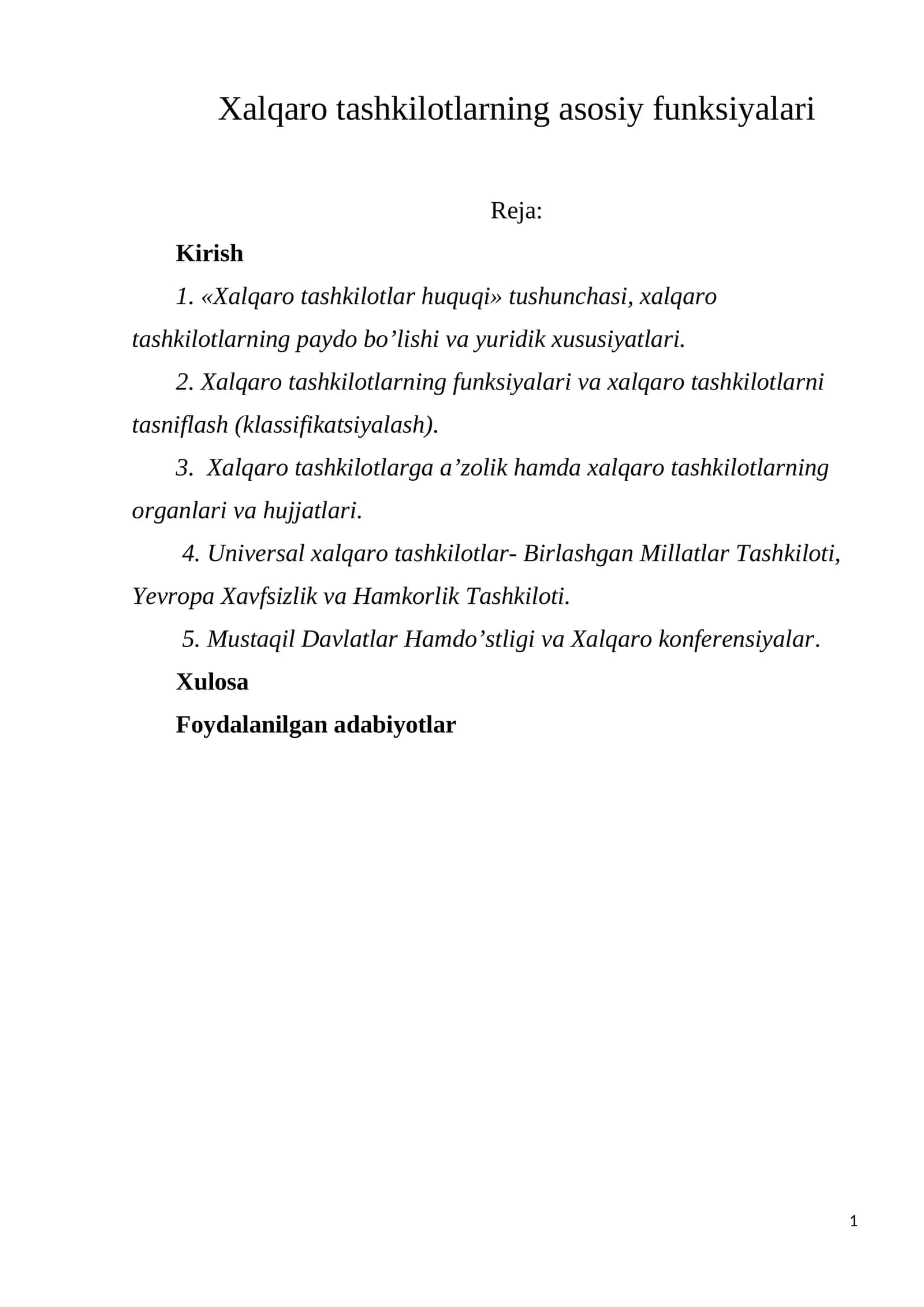 Xalqaro tashkilotlarning asosiy funksiyalari 1