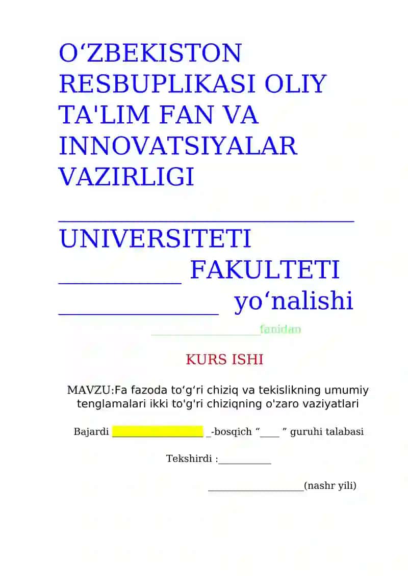 FAZODA TO'G'RI CHIZIQLARNING OʻZARO VAZIYATI
mavzusida ilmiy ish