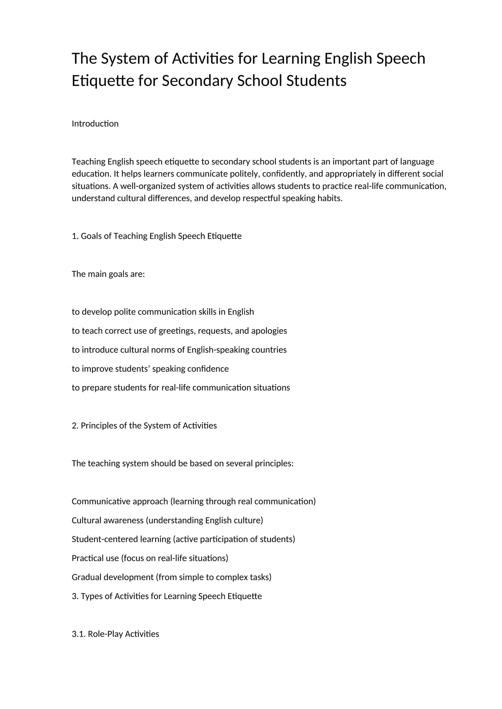 The System of Activities for Learning English Speech Etiquette for Secondary School Students 1