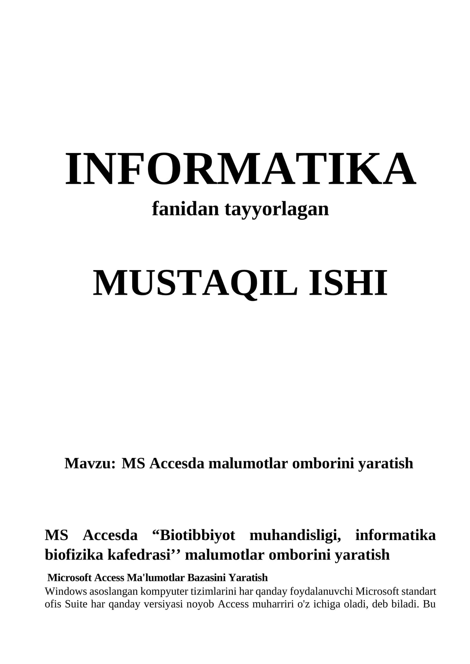 Microsoft Access Ma'lumotlar Bazasini Yaratish 1