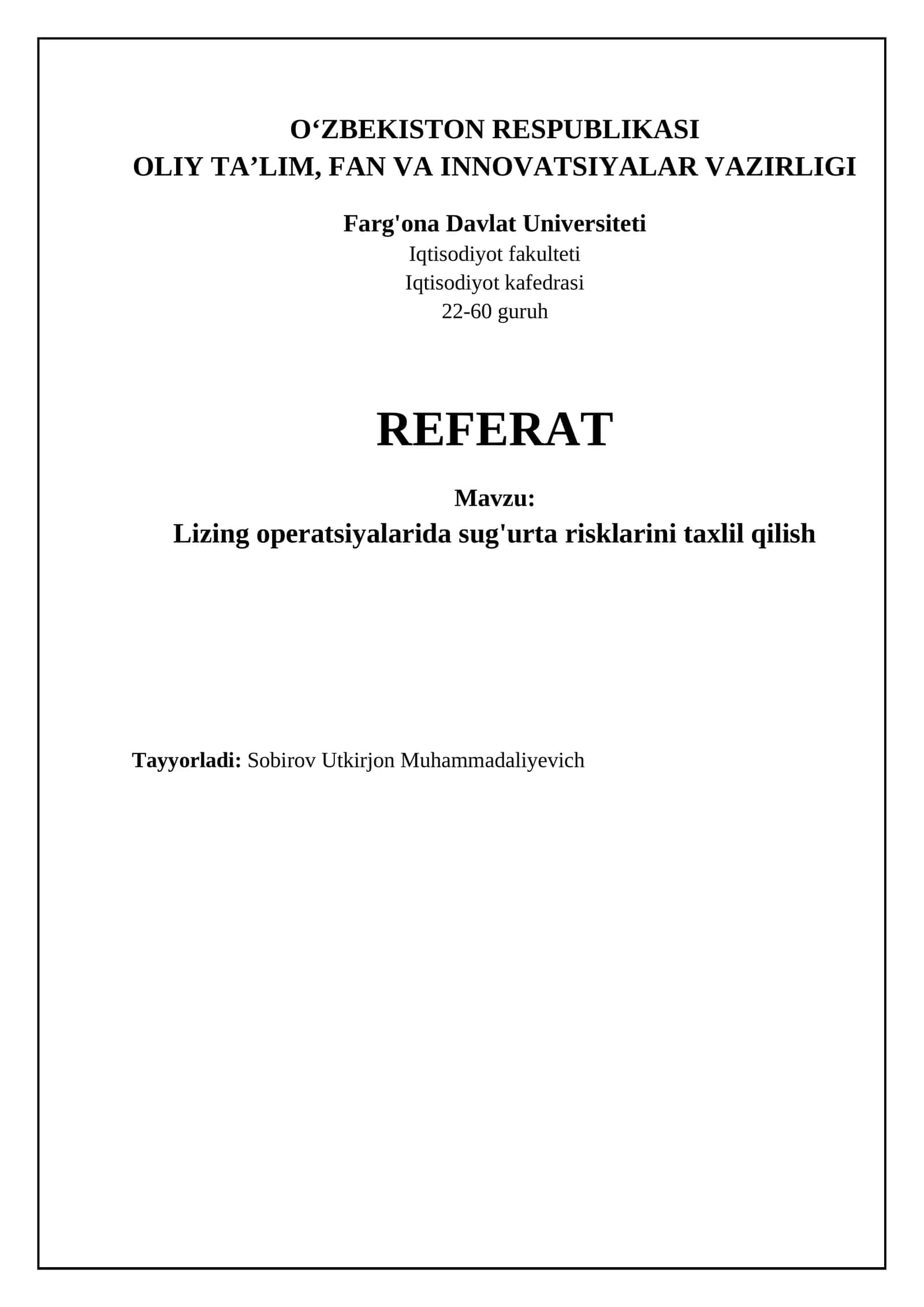 Lizing operatsiyalarida sug'urta risklarini taxlil qilish 1