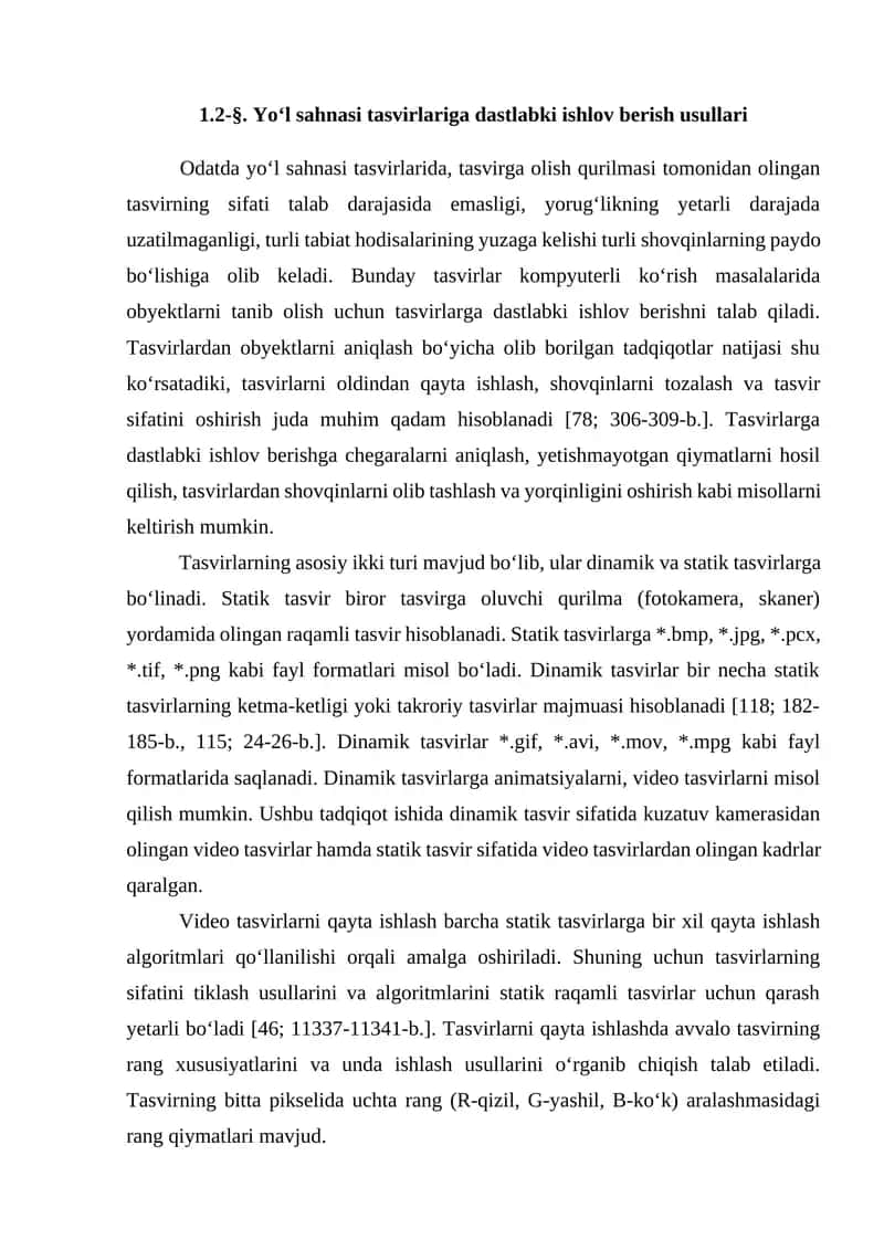 Yo‘l sahnasi tasvirlariga dastlabki ishlov berish usullari 1