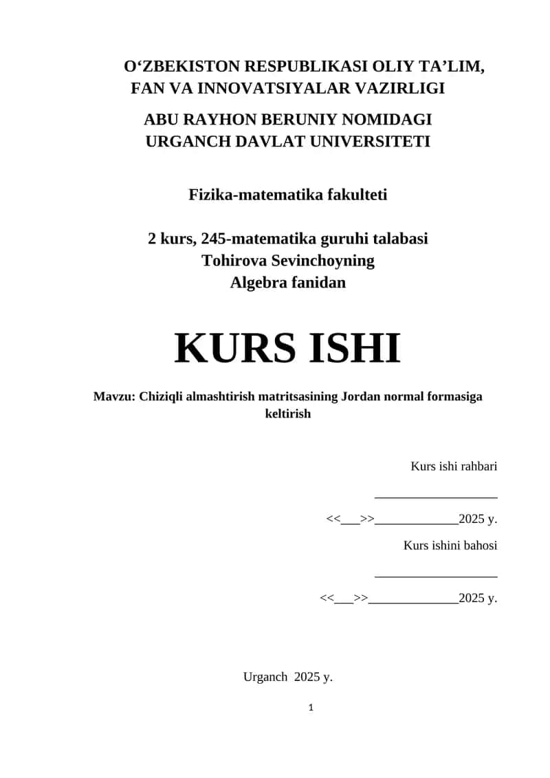 Chiziqli almashtirish matritsasining Jordan normal formasiga keltirish 1