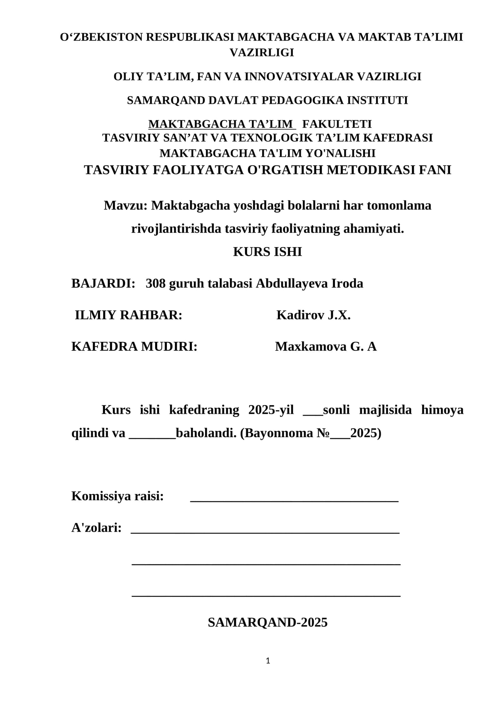 TASVIRIY FAOLIYATGA O'RGATISH METODIKASI 1