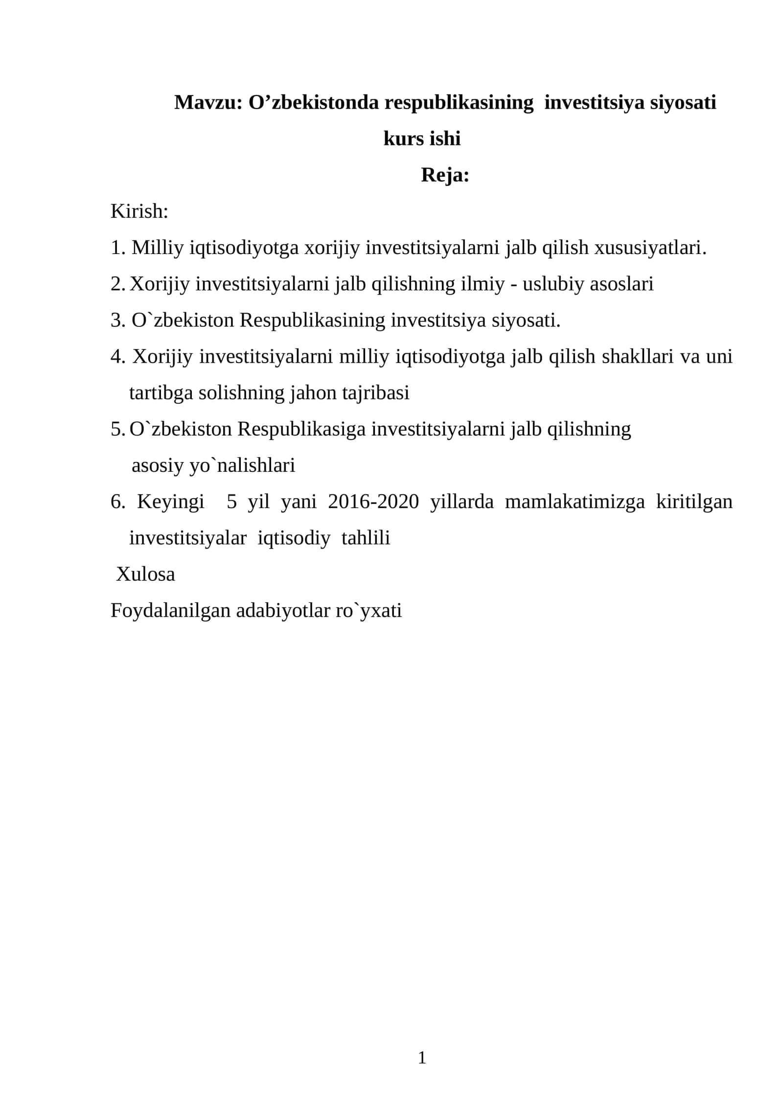 O’zbekistonda respublikasining investitsiya siyosati kurs ishi 1