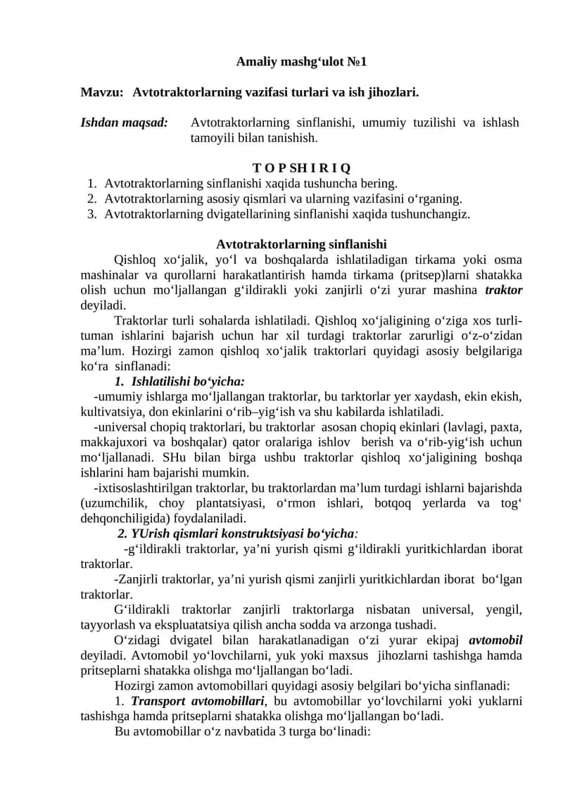 Avtotraktorlarning vazifasi turlari va ish jihozlari 1