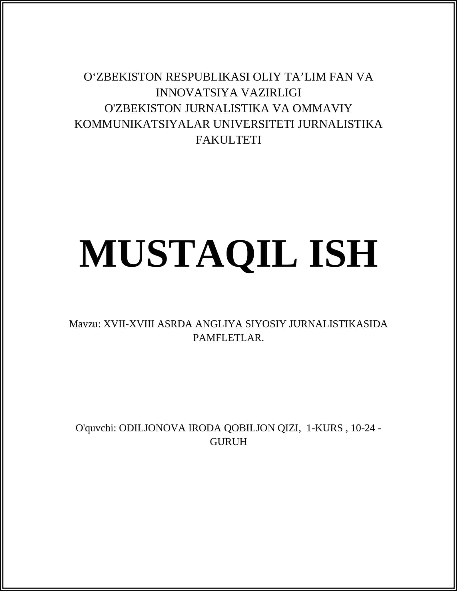 XVII-XVIII ASRDA ANGLIYA SIYOSIY JURNALISTIKASIDA PAMFLETLAR 1