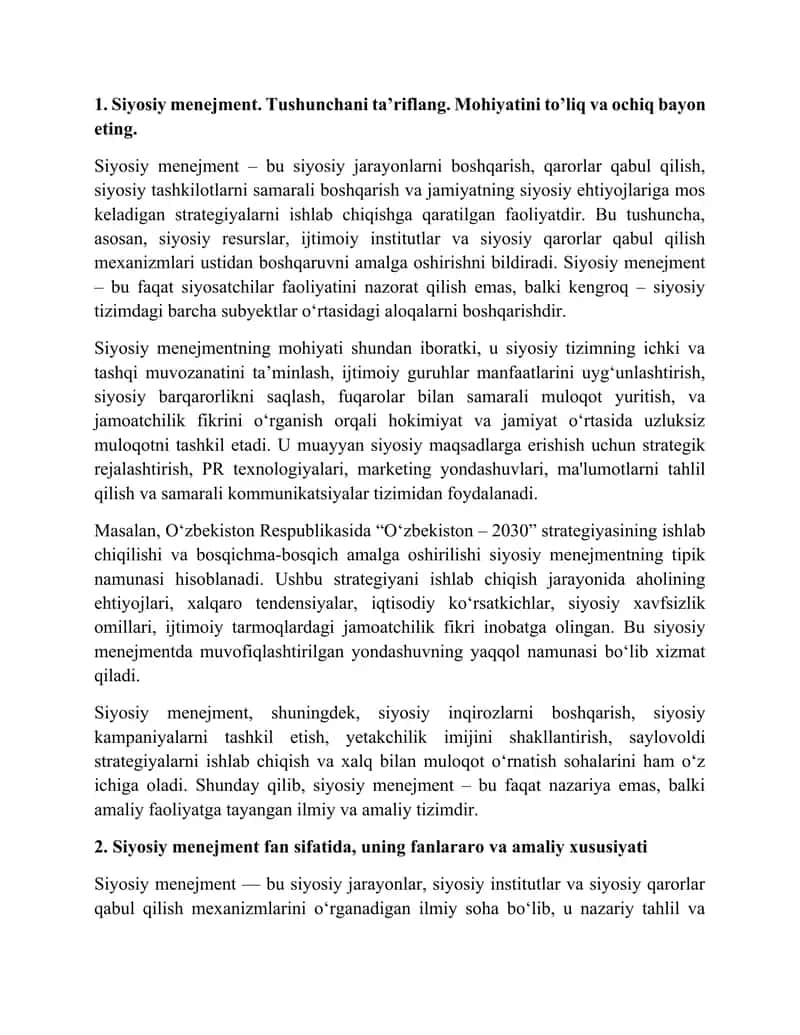 Siyosiy menejment savollar toʻplami 1