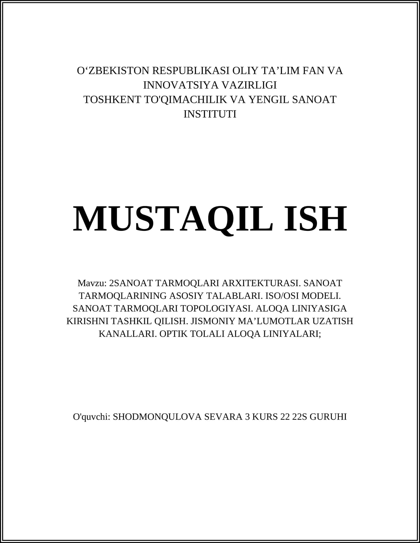 2SANOAT TARMOQLARI ARXITEKTURASI 1