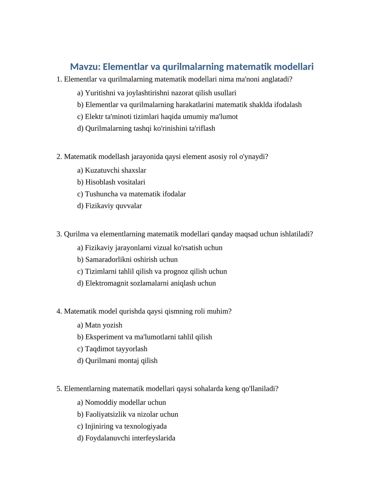 Elementlar va qurilmalarning matematik modellari 1