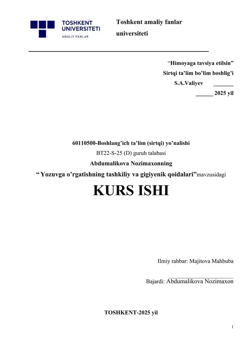 Yozuvga o’rgatishning tashkiliy va gigiyenik qoidalari. 1