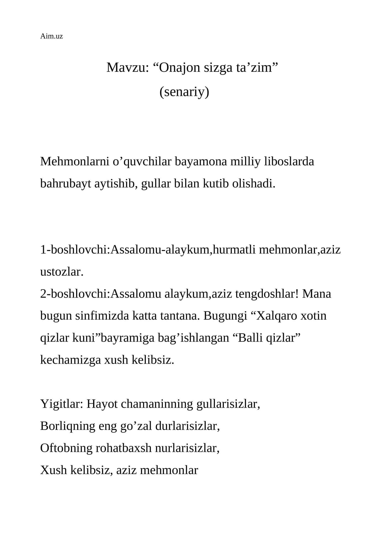 “Onajon sizga ta’zim” (senariy) 1