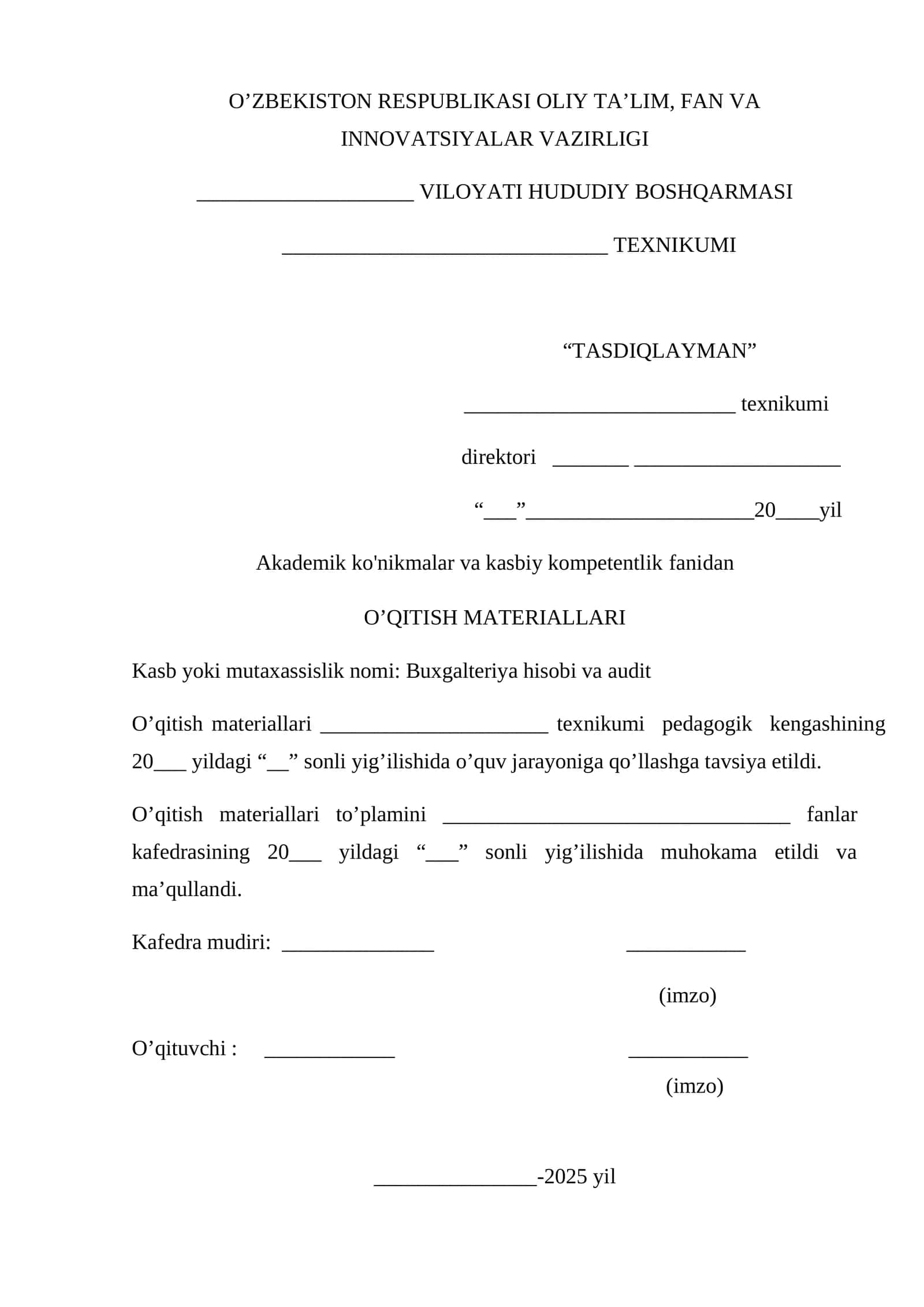 O'qituvchi materiallari: Buxgalteriya hisobi va audit 1