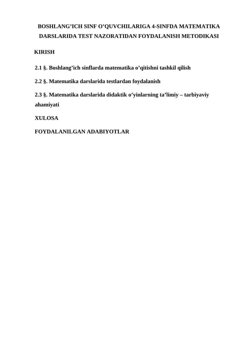 4-SINF MATEMATIKA DARSLARIDA TEST NAZORATI 1