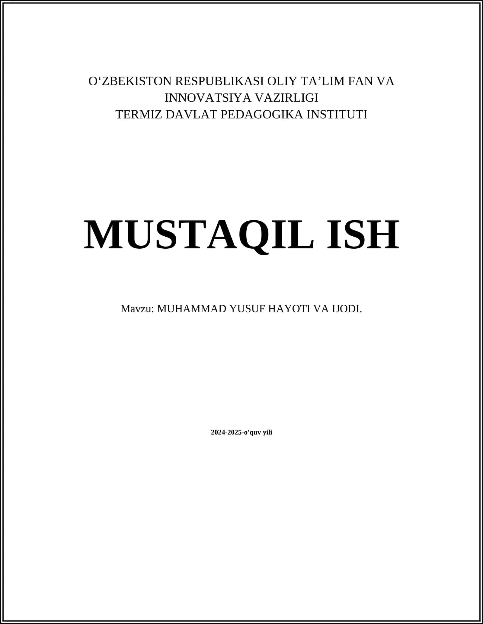 MUHAMMAD YUSUF HAYOTI VA IJODI 1