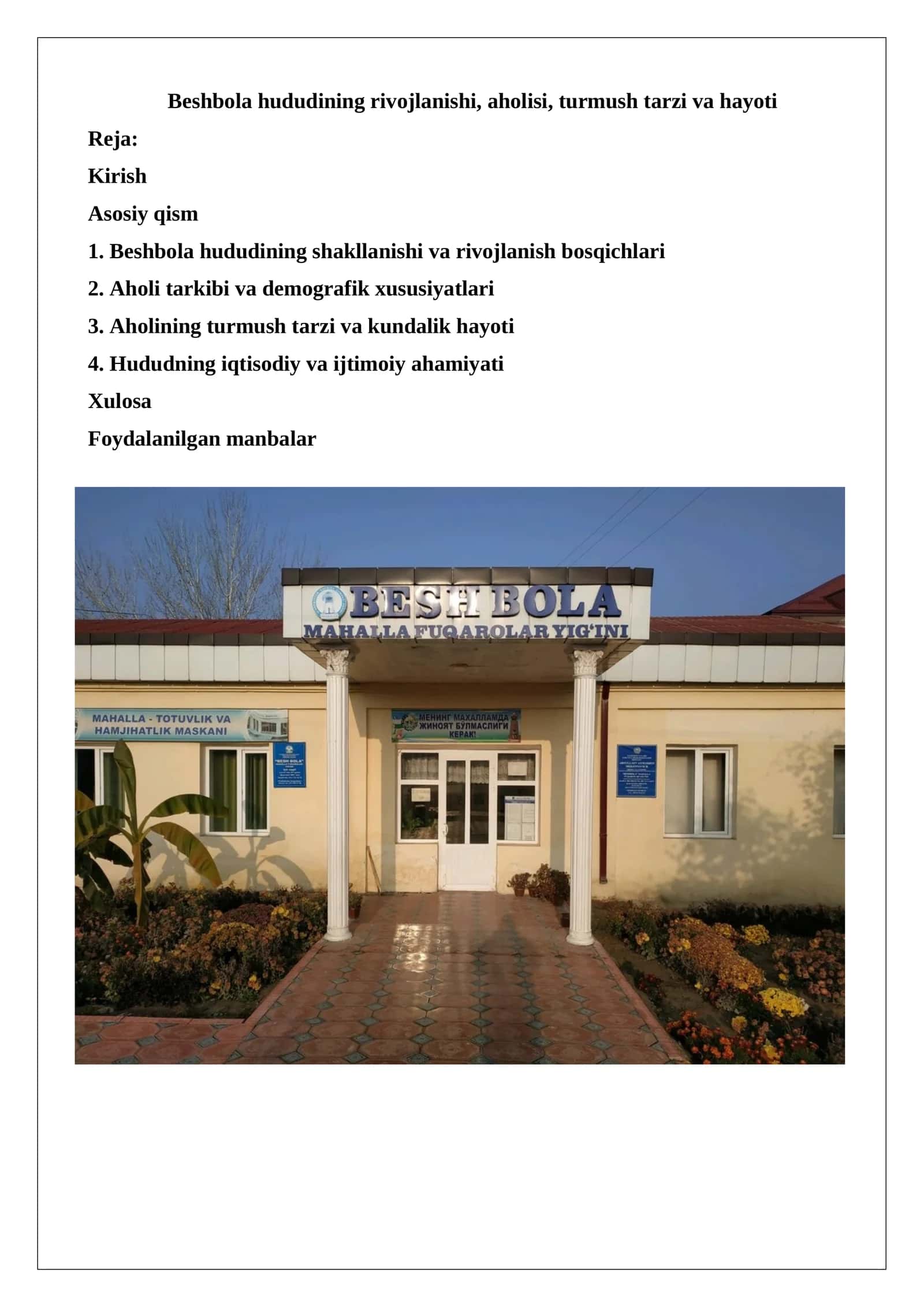 Beshbola hududining rivojlanishi, aholisi, turmush tarzi va hayoti 1