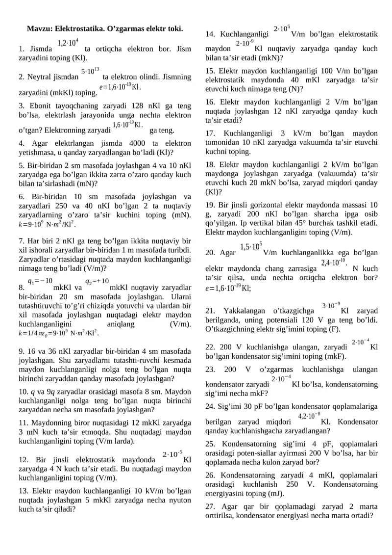 Elеktrоstаtikа. O’zgarmas elektr toki 1
