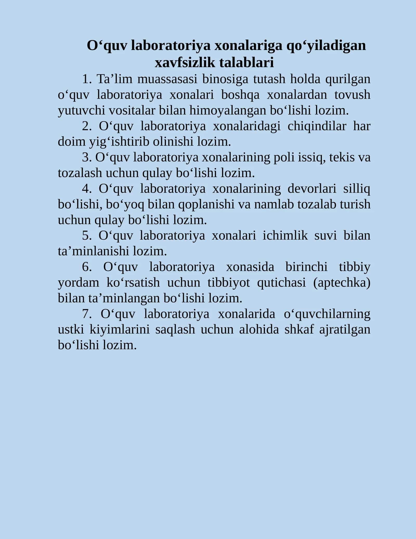 Texnika xavfsizligi qoidalari. BIOLOGIYA, KIMYO, FIZIKA laboratoriyalari uchun 1