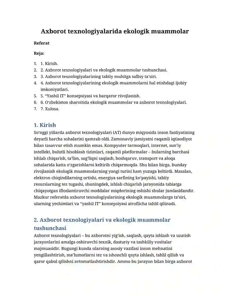 Axborot texnologiyalarida ekologik muammolar