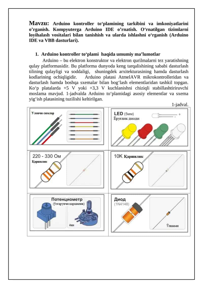 Arduino kontroller tо‘plamining tarkibini va imkoniyatlarini o’rganish 1
