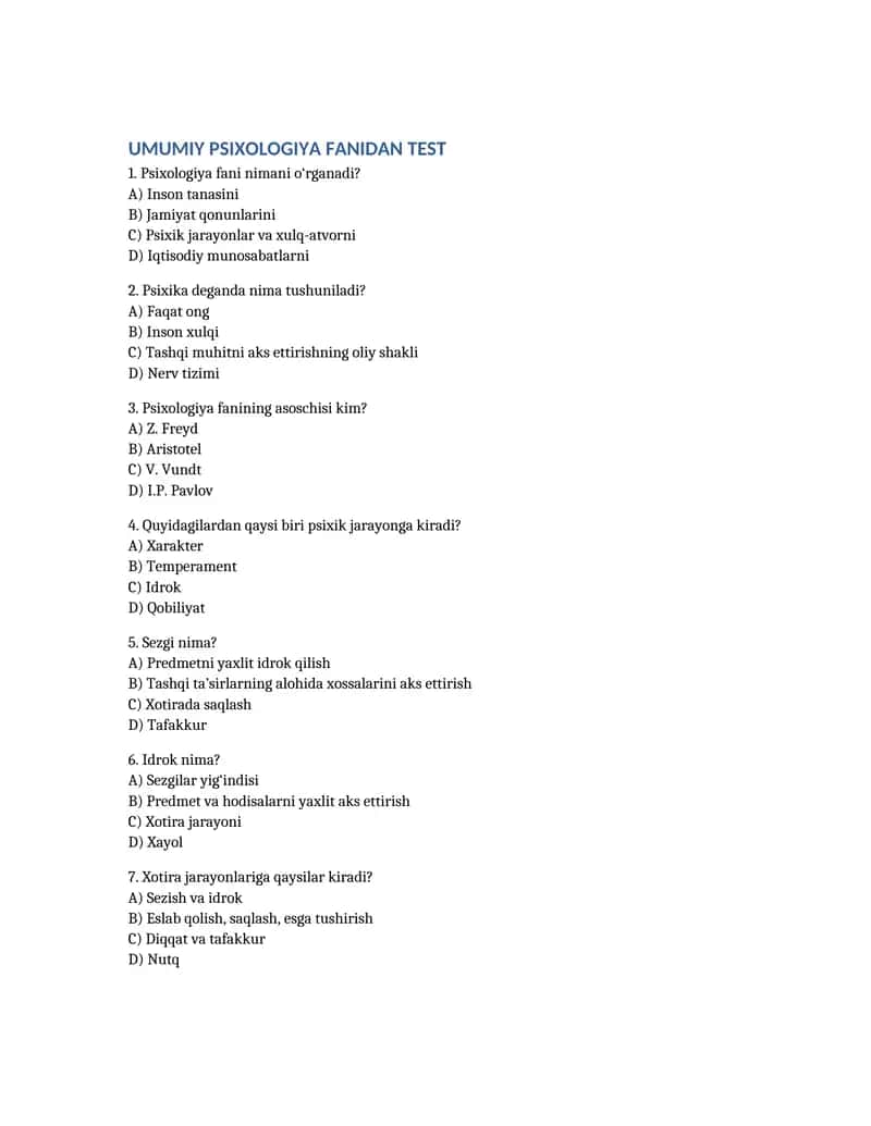 UMUMIY PSIXOLOGIYA FANIDAN TEST 1
