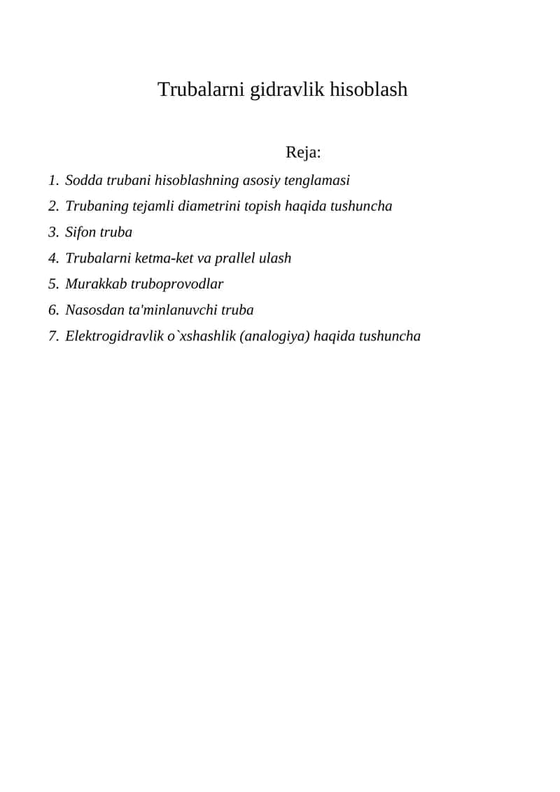 Trubalarni gidravlik hisoblash 1