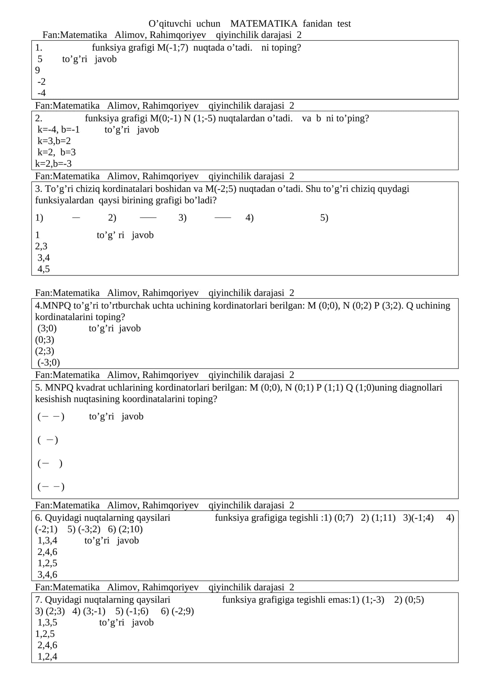 MATEMATIKA fanidan test 1