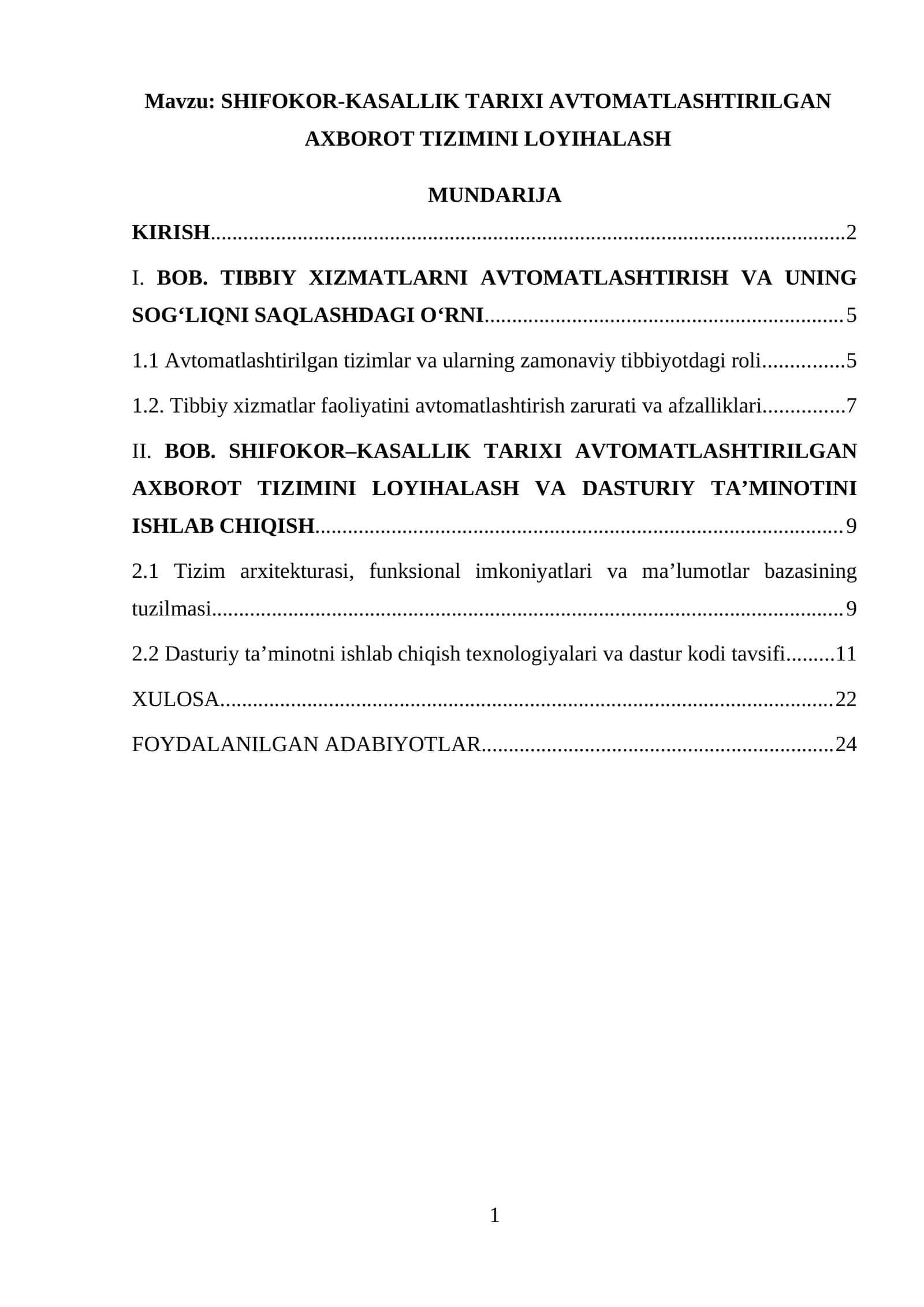 SHIFOKOR-KASALLIK TARIXI AVTOMATLASHTIRILGAN AXBOROT TIZIMINI LOYIHALASH 1