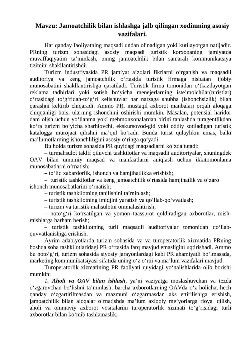 PRning turizm sohasidagi ahamiyati 1