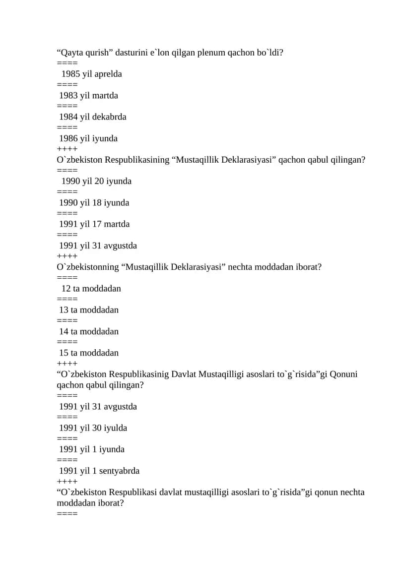O`zbekistonning “Mustaqillik Deklarasiyasi” nechta moddadan iborat? 1