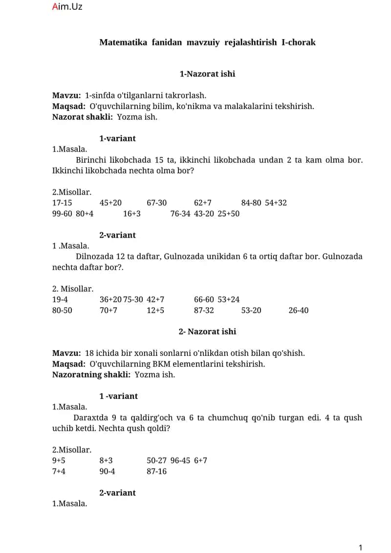 Matematika fanidan mavzuiy rejalashtirish I-chorak 1