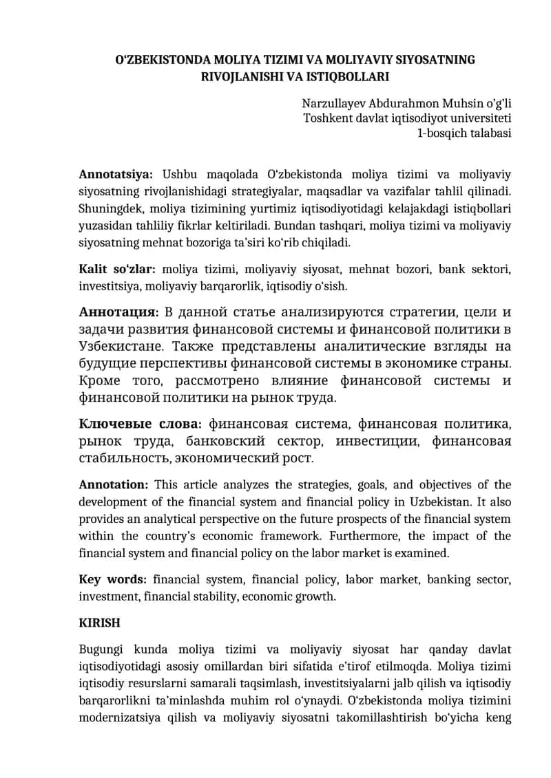 O'ZBEKISTONDA MOLIYA TIZIMI VA MOLIYAVIY SIYOSATNING RIVOJLANISHI VA ISTIQBOLLARI 1