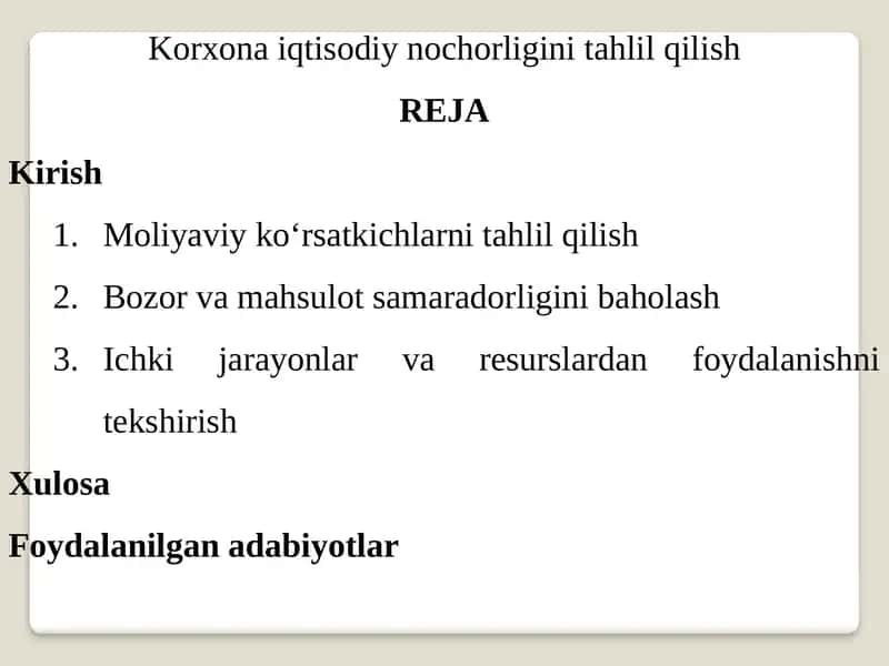 Korxona iqtisodiy nochorligini tahlil qilish 1