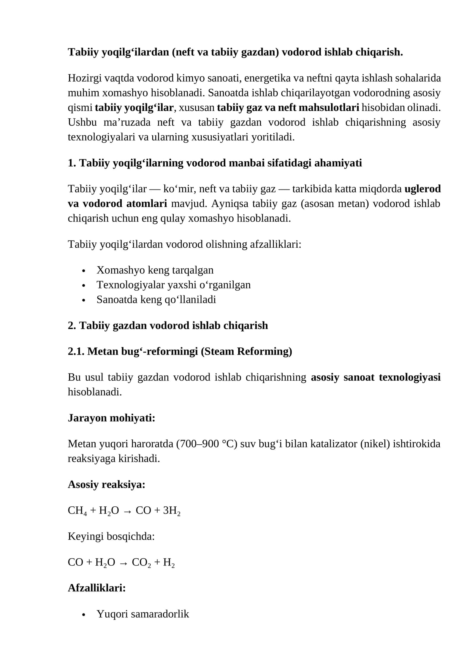 Vodorod ishlab chiqarish 1